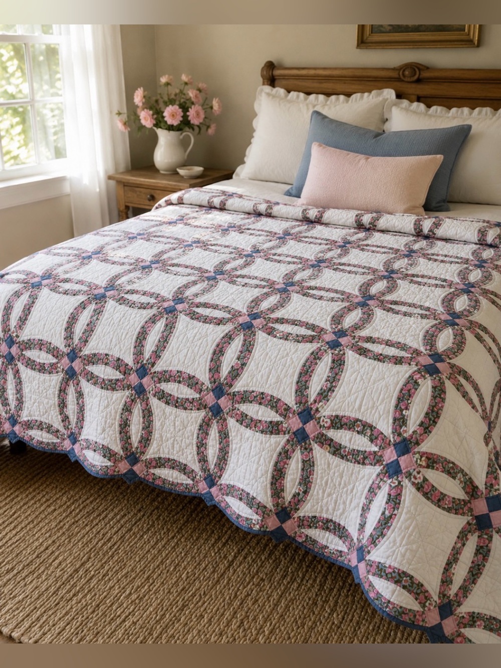 Vintage Double Wedding Ring Quilt 92x84 Handmade Patchwork Quilt